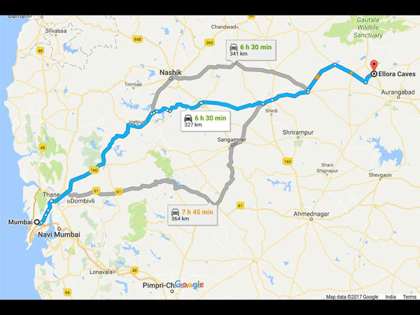 मुम्बई से एलोरा गुफाओं का मार्ग-