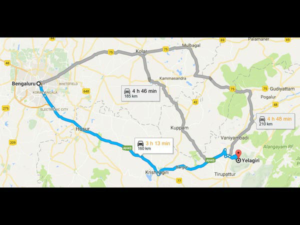 बैंगलोर से येलागिरि का रूट