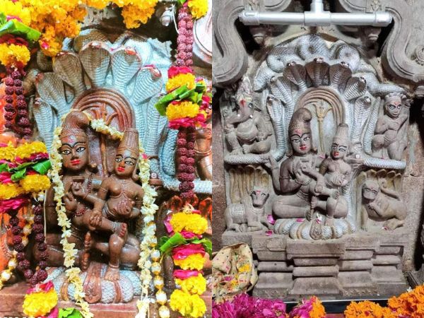 सर्प-सैय्या पर बैठे भगवान शिव-पार्वती की अद्भुत प्रतिमा
